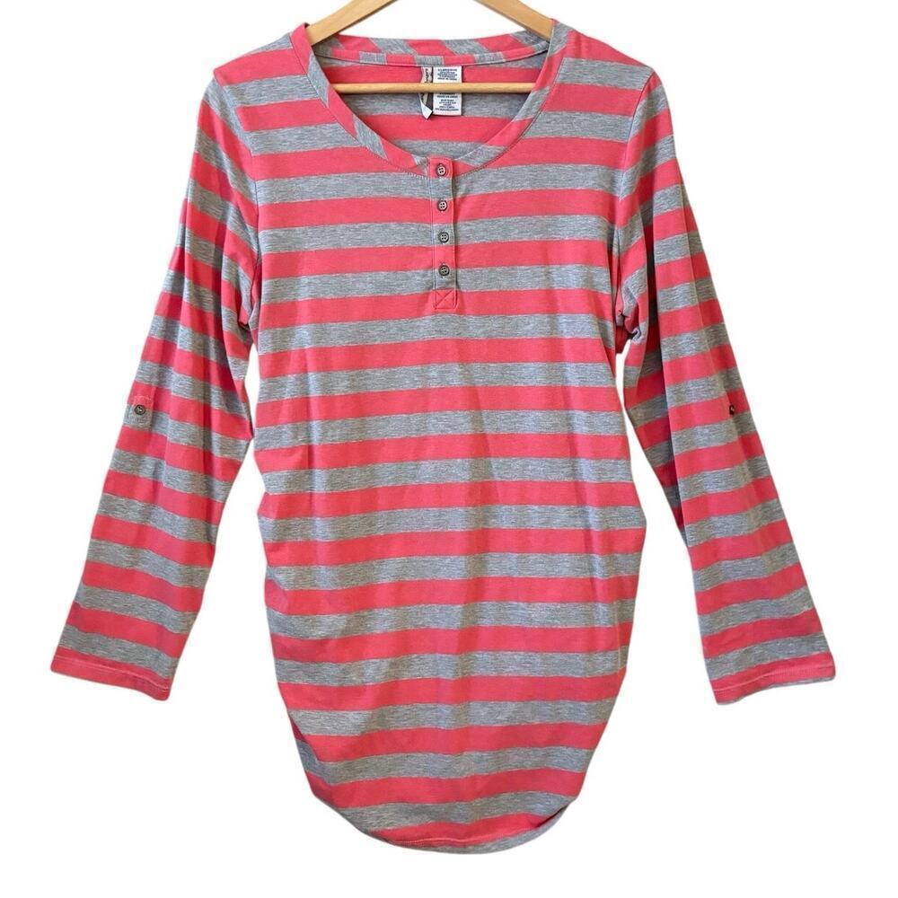 Planet Motherhood Henley Sz  XL Pink & Gray Striped Top Rushed Sides Roll-tab LS